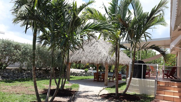 Un sendero que lleva a una construcción de techo de paja con mesas al aire libre.