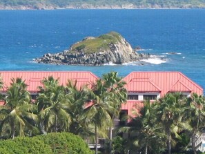 A coastal building with a red roof, surrounded by palm trees and overlooking the ocean.