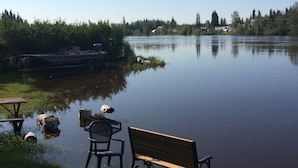 Un banco junto al lago y una mesa de picnic al lado de un cuerpo de agua tranquilo, rodeado de árboles y edificios lejanos.
