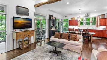 Smart TV, fireplace, table tennis, books