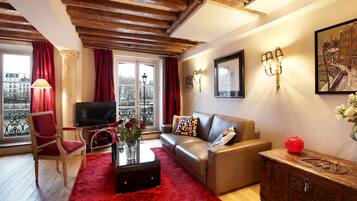 Televisie, een open haard, een dvd-speler en een muziekbibliotheek