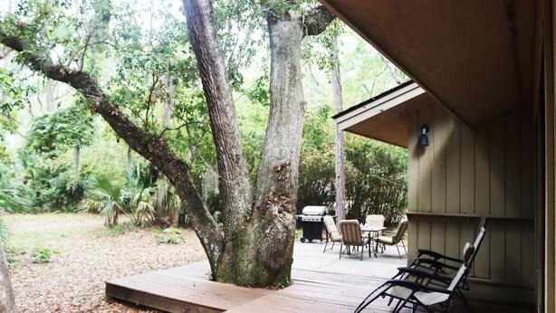 A wooden deck with a grill and chairs, surrounded by trees. - WOW! WHAT A DEAL for a HOUSE in SeaPines! Great Locations 2 BR -Pets ok (Hilton Head Island)