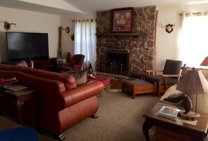 Een smart-tv, een open haard, een dvd-speler en boeken