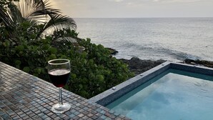 A glass of red wine on a tiled poolside with a view of the ocean and palm trees. - Private Gated Ocean Front Villa Pool&Tide Pool Cane Bay Beach Wifi Wedding Venue (Christiansted)
