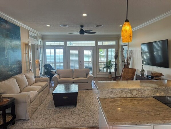 TV, fireplace, DVD player, books