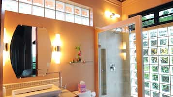 Shower, hair dryer, towels, soap