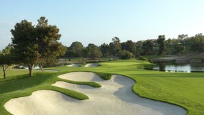 Un parcours de golf avec des bunkers de sable, un étang et des arbres.
