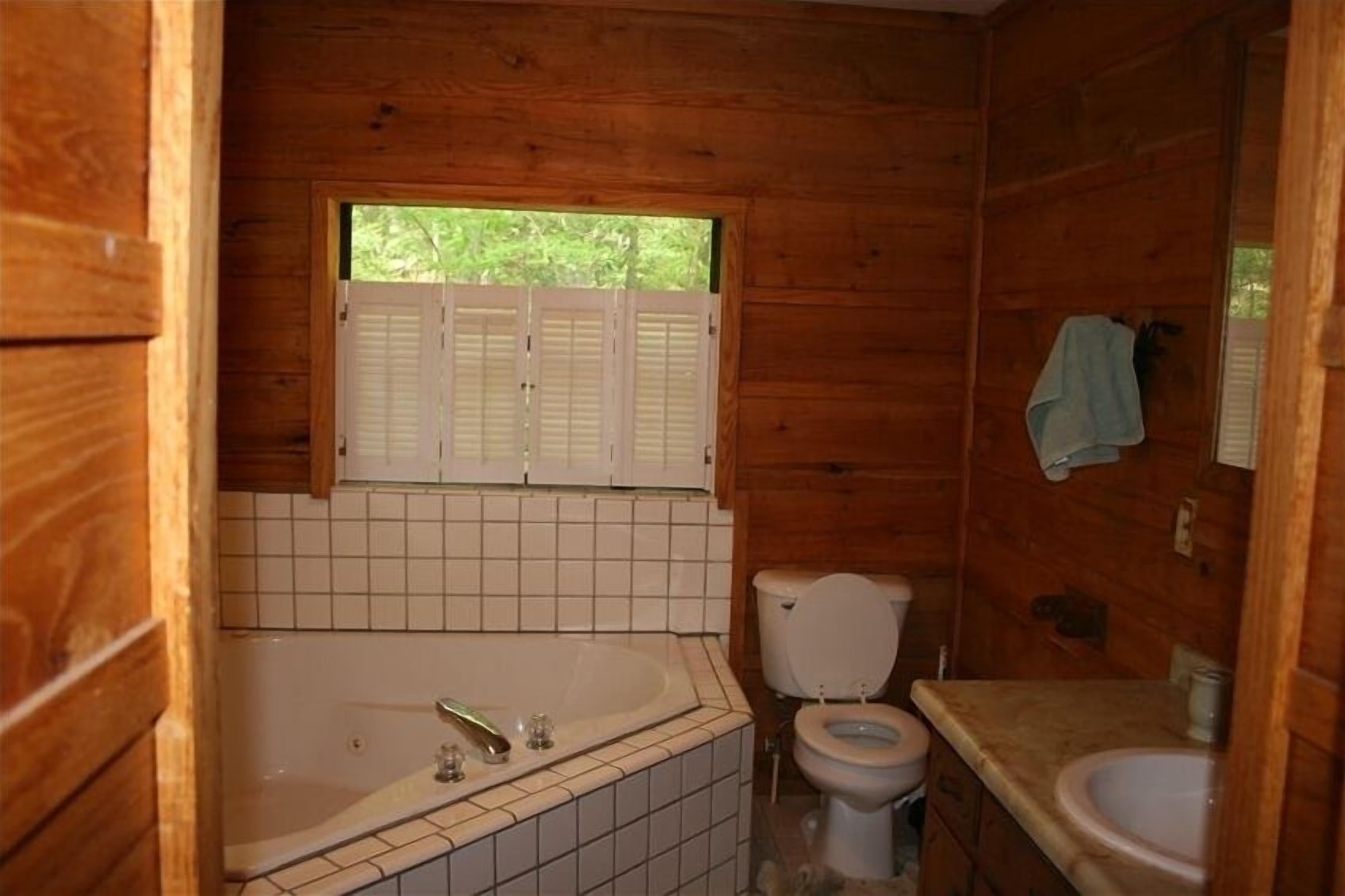 Bathtub, jetted tub, hair dryer, towels