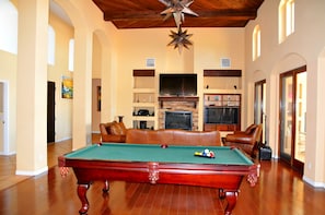 Smart TV, fireplace, video games, DVD player