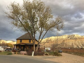 A yellow house with a porch, surrounded by a gravel driveway and a large tree.