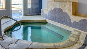 A swimming pool with a tiled edge, a metal ladder, and a tiled wall with a wave pattern.
