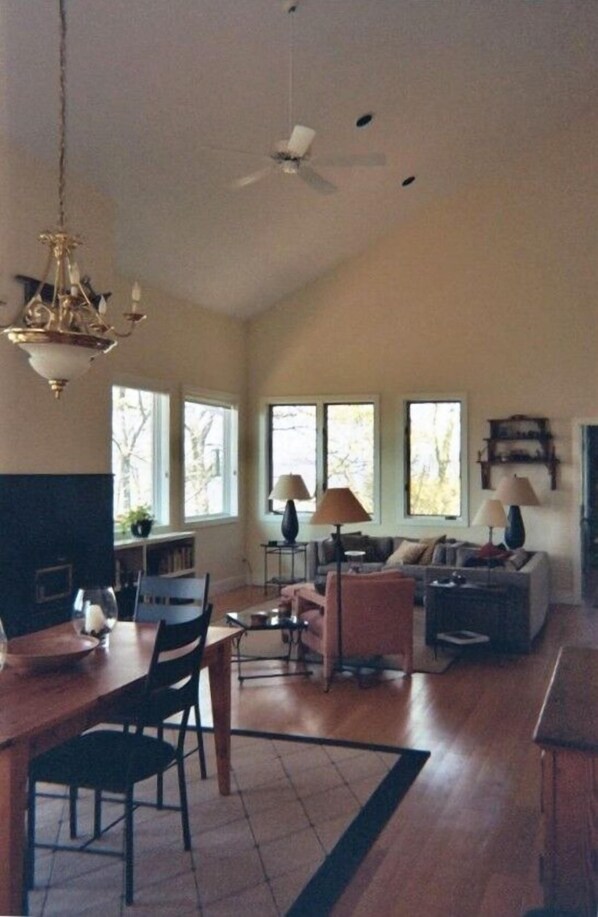 Smart TV, chimenea, libros y estéreo 