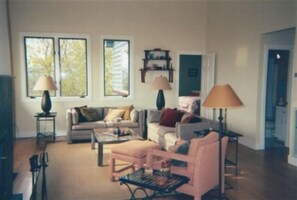 Smart TV, fireplace, books, stereo