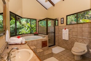 Shower, jetted tub, hair dryer, towels