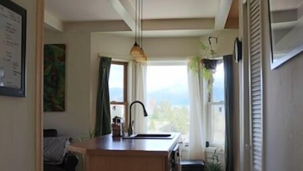 Una cocina compacta con una isla central, una ventana con cortinas y vistas al exterior.