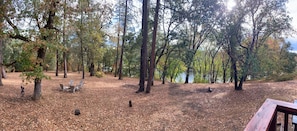 Um camping com mesas e cadeiras de piquenique, cercado por árvores altas e um lago.