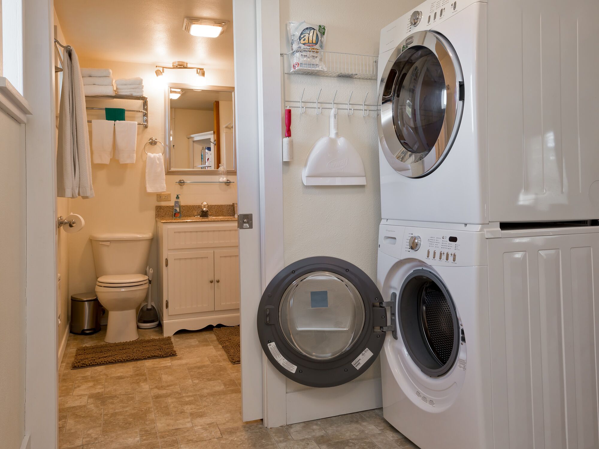 Combined shower/bathtub, hair dryer, towels, soap