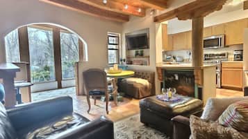 Smart TV, fireplace, video library