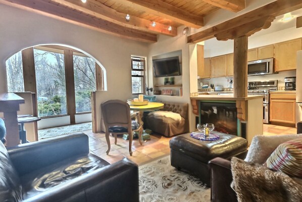 Smart TV, fireplace, video library