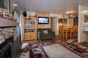 Smart TV, fireplace, video games, DVD player