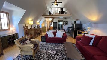 Smart TV, fireplace, DVD player, books