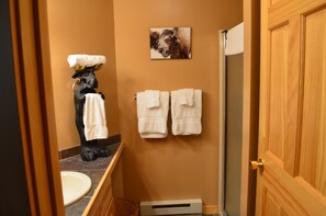 Combined shower/bathtub, hair dryer, towels, soap