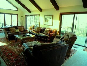 Televisio, takka, DVD-soitin, musiikkikirjasto