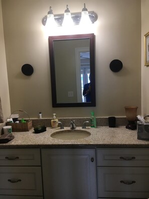 A bathroom with a sink, mirror, and three wall-mounted lights. - SPRING INTO SAVINGS Large Tranquil, Private Suite By The Sea, Birders Paradise (Little Compton)