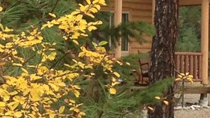 A cabin with a porch, surrounded by trees and a wooden fence.