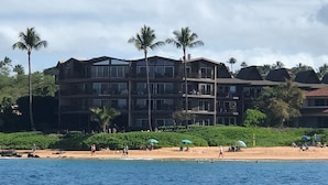 Un hôtel à plusieurs étages doté de balcons, situé près d’une plage bordée de palmiers et parsemée de parasols.