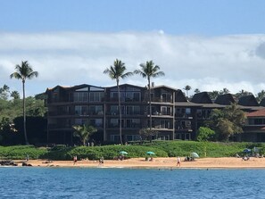 On the beach, sun-loungers, beach towels