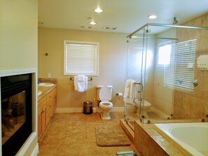 Combined shower/bathtub, jetted bath, hair dryer, towels