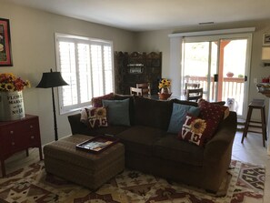 Smart TV, fireplace, books, printers