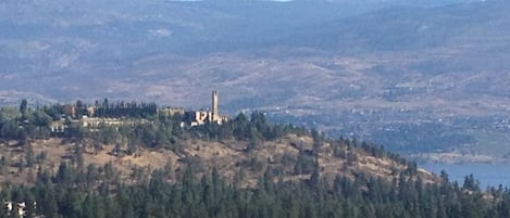 Een bergachtig landschap met een opvallende toren op een heuvel, omgeven door dicht bos en een waterpartij in de verte.