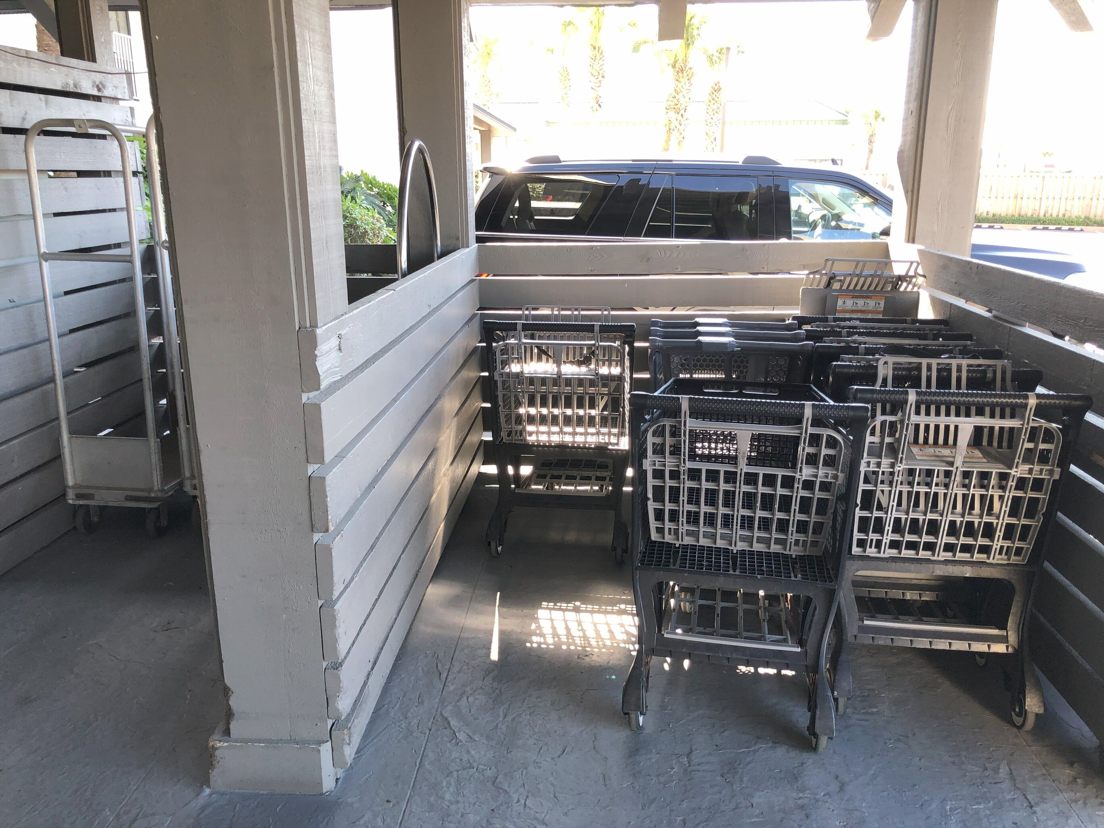 A covered outdoor area with metal shopping carts and a metal ladder.