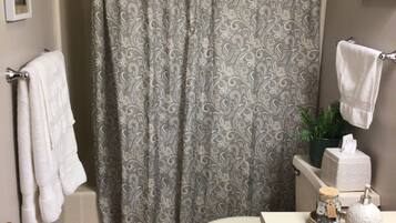 Tina con regadera, secadora de cabello, toallas, jabón