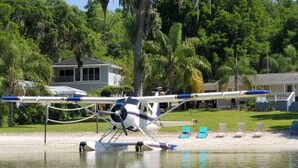 A seaplane parked on a sandy area near a body of water, surrounded by greenery and houses.
