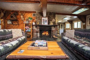 Televisión, chimenea, libros y estéreo