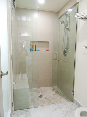 Chuveiro, secador de cabelo, toalhas de banho, shampoo