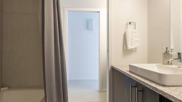 Combined shower/tub, hair dryer, towels, soap