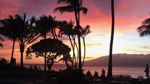 A sunset view with palm trees and a pool.