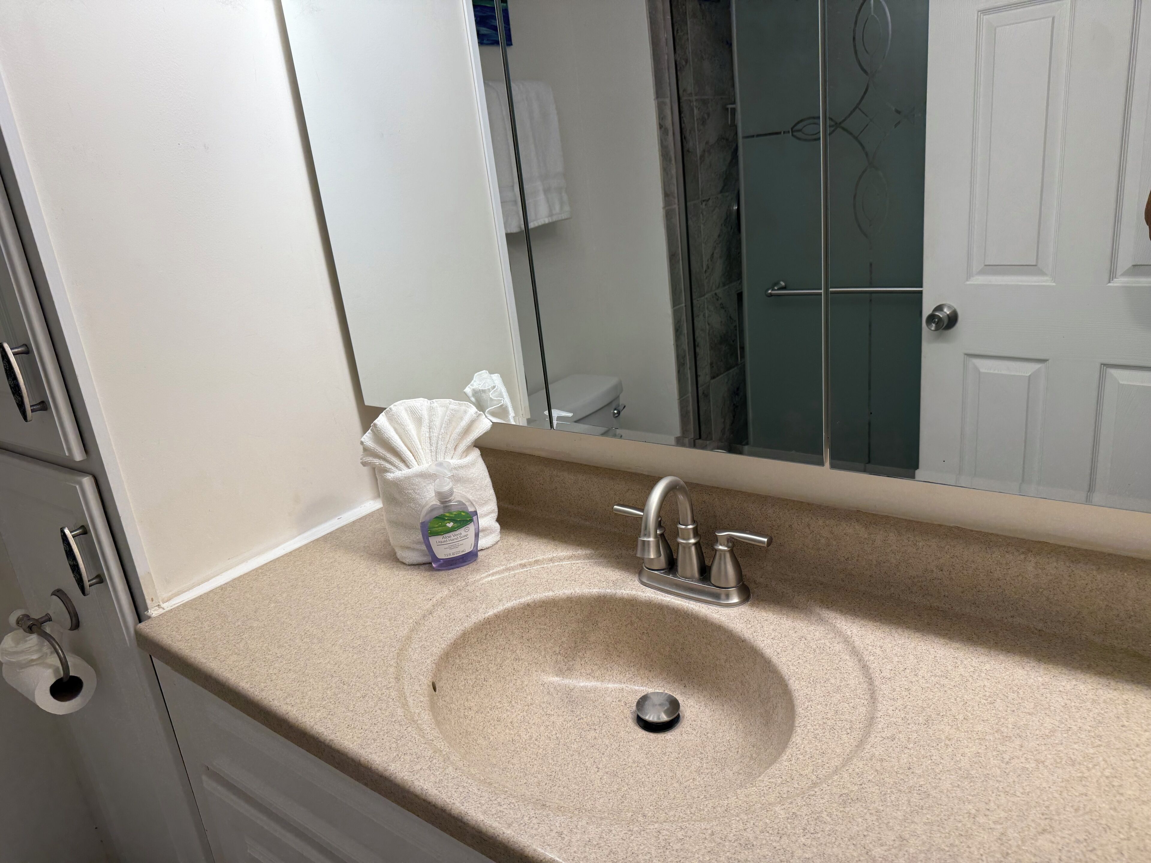 Un baño con lavamanos, espejo y dispensador de toallas.