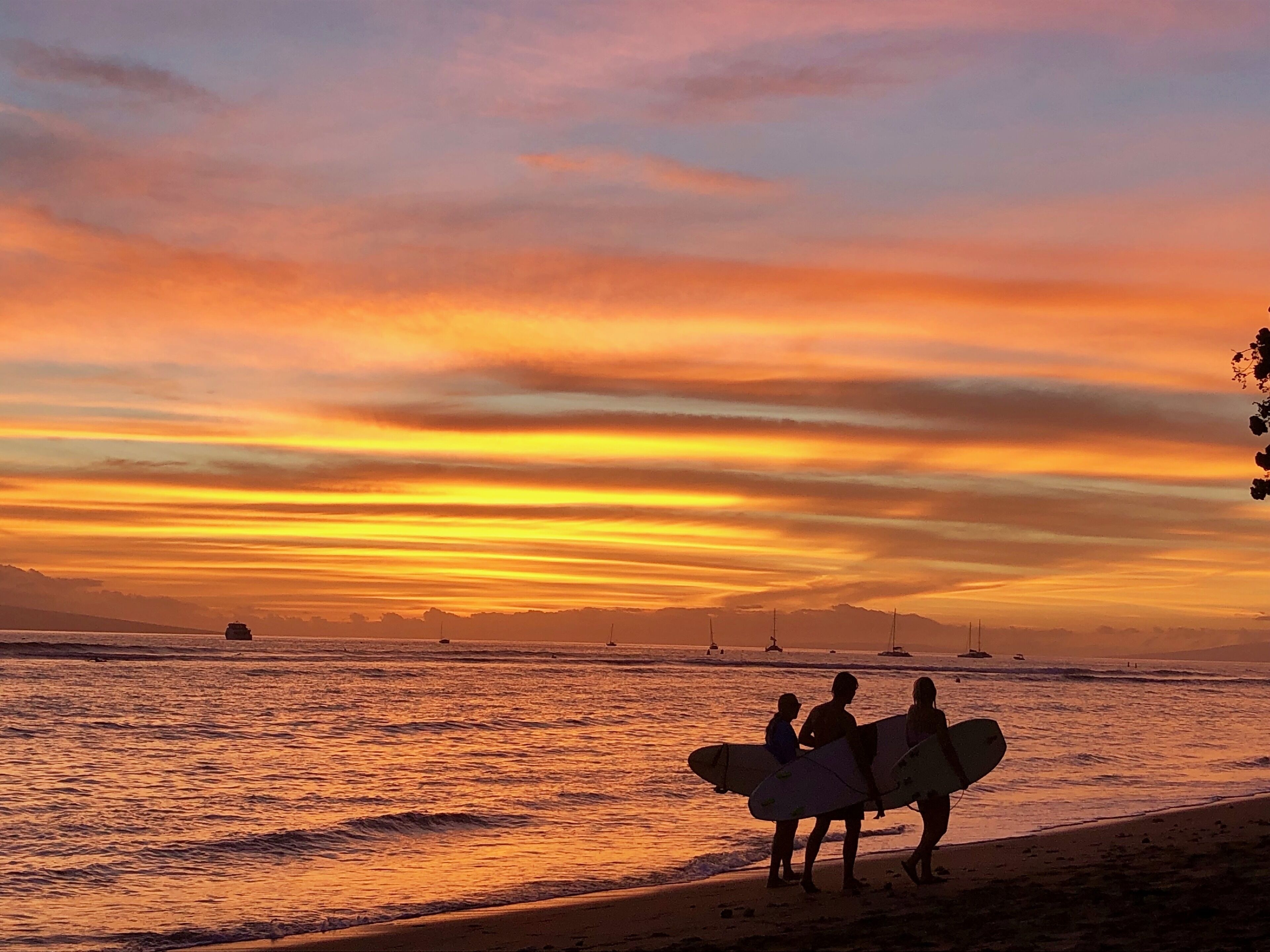 A sunset beach scene with people holding surfboards.