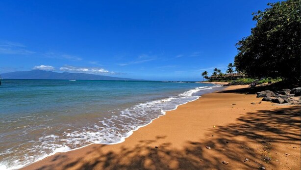 A beach with clear blue water, a sandy shore, and a view of a mountain in the distance.