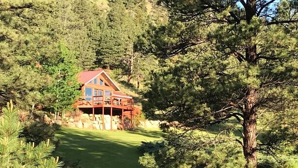 Eine Hütte mit rotem Dach, umgeben von dichtem Wald und einem gepflegten Rasen.