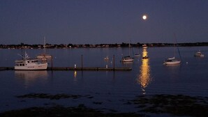 Ein Yachthafen im Dämmerlicht mit mehreren vertäuten Booten, eine ruhige Wasseroberfläche, die den Mondschein reflektiert, und eine entfernte Küstenlinie mit Gebäuden.