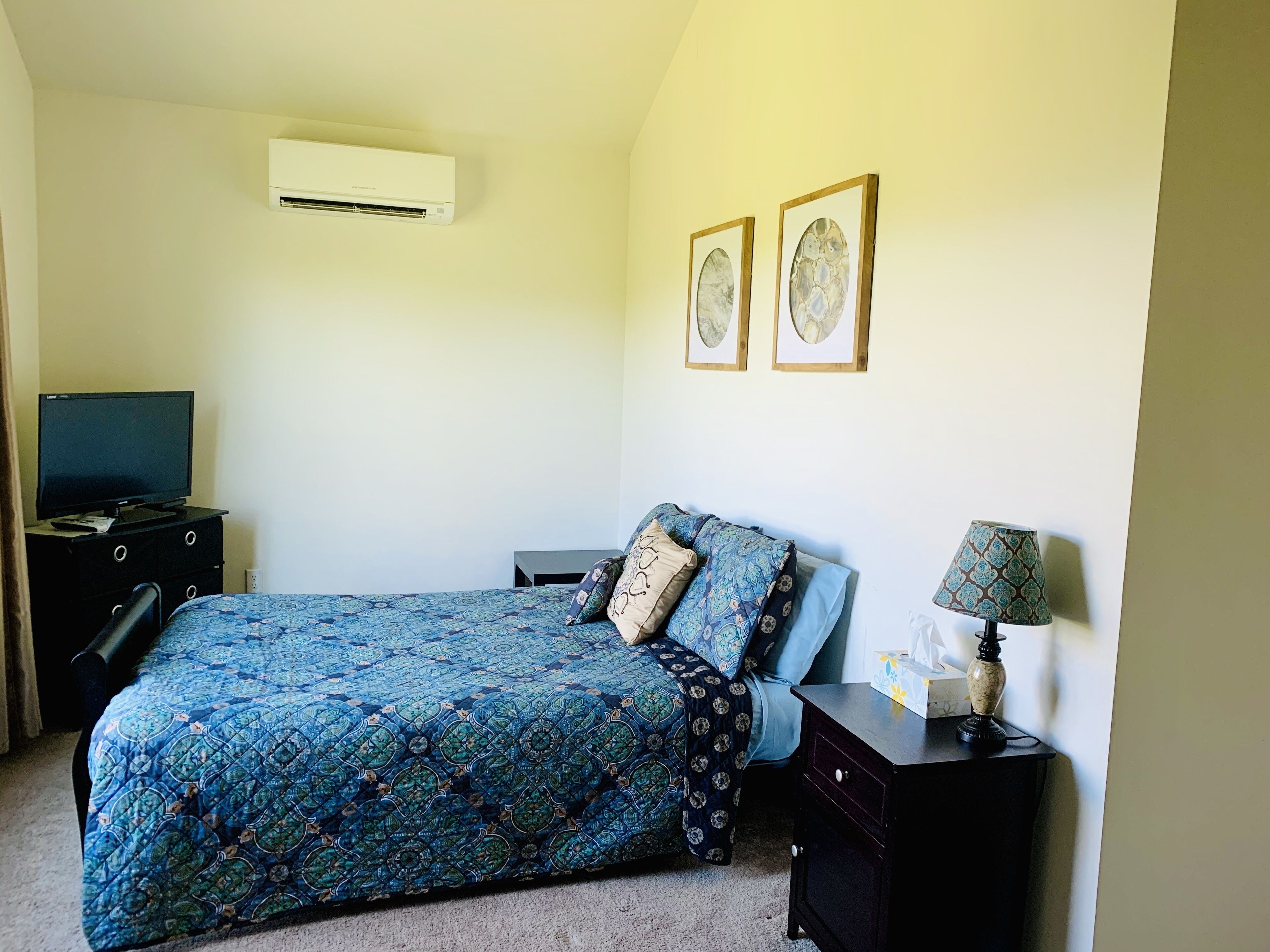 Ein Schlafzimmer mit Bett, Fernseher, Lampe und zwei gerahmten Bildern an der Wand.