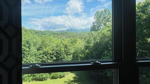 A window with a view of a green landscape and a clear sky.