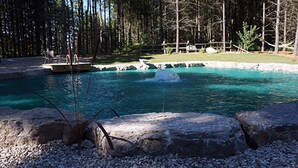 Ein Schwimmbecken mit einer Wasserspeier, umgeben von Steinen und Kieselsteinen, mit einer Holzterrasse und einer Rasenfläche im Hintergrund.