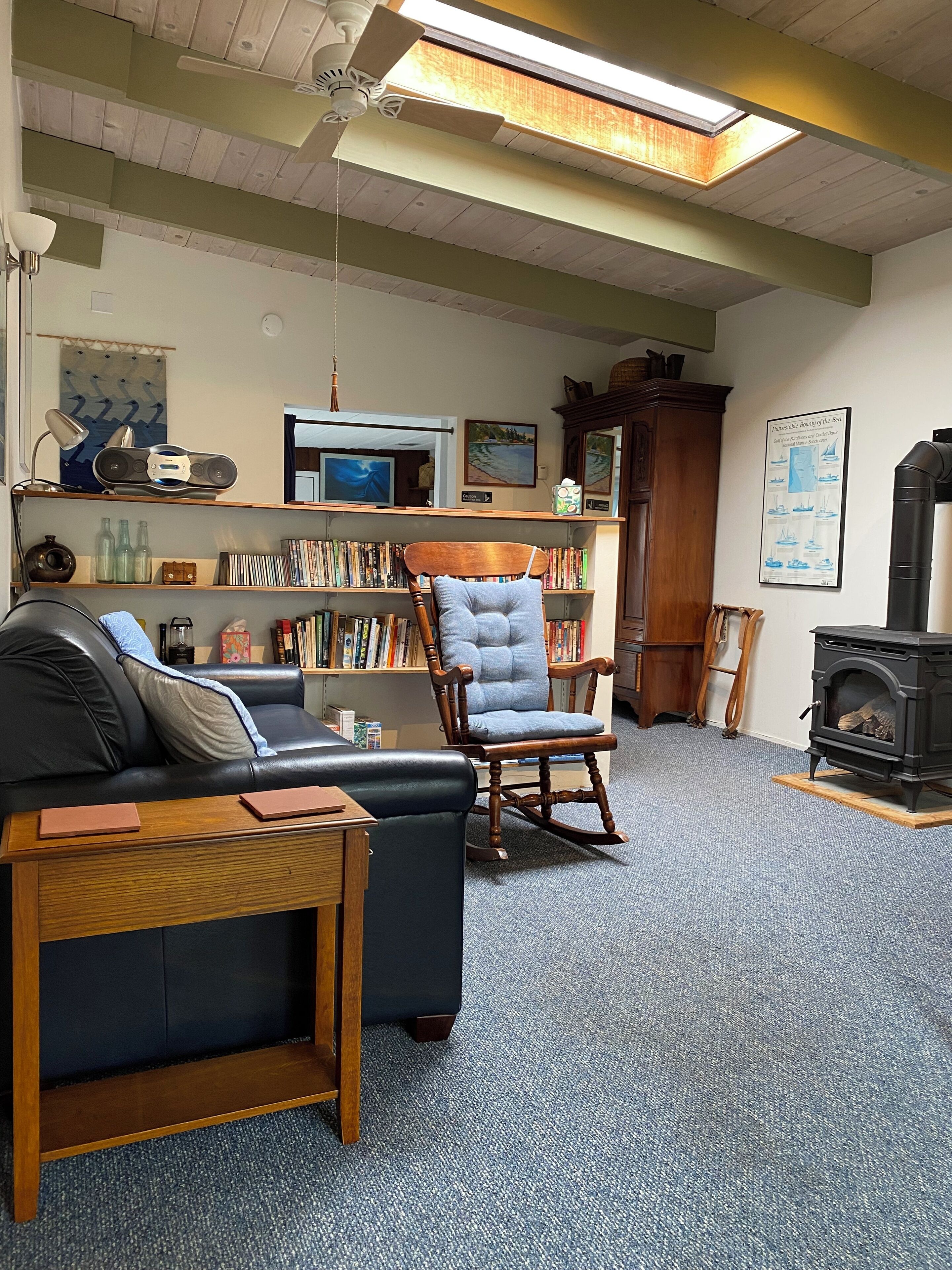 Una televisión de pantalla plana, una chimenea, un reproductor de DVD